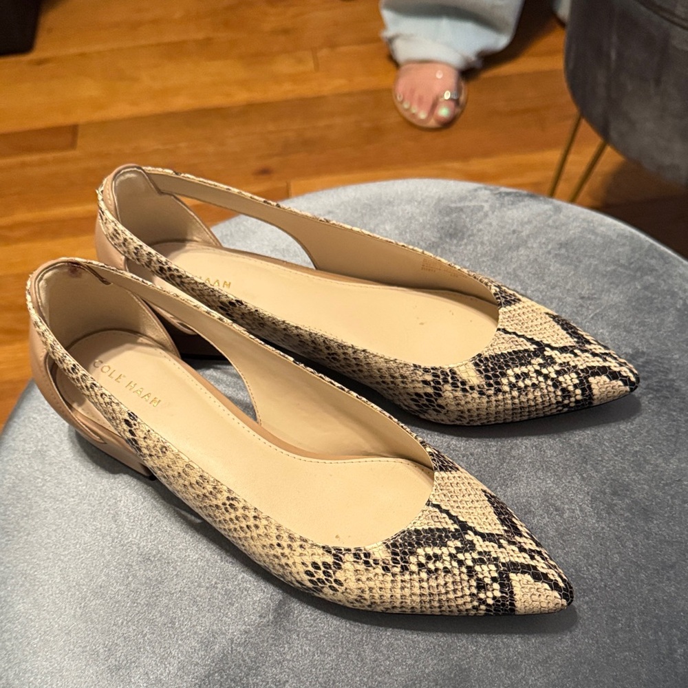 Cole Haan Beige Snake-Print Pointed Slingback Flats